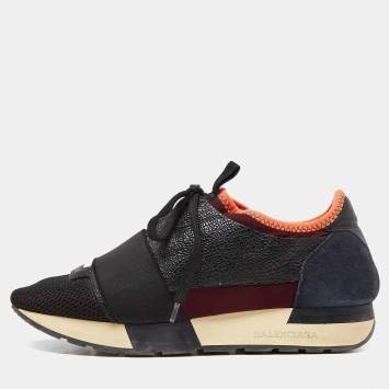 Pre Owned Balenciaga Tri Color Leather,Suede and Mesh Race Runner Sneakers Size 36