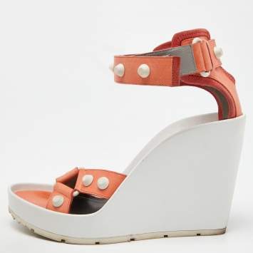 Pre Owned Balenciaga Orange/White Leather Studded Wedge Ankle Cuff Sandals Size 37
