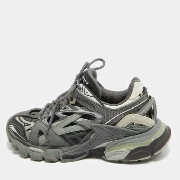 Pre Owned Balenciaga Grey/Black Faux Leather and Mesh Track 2 Sneakers Size 36