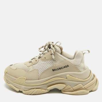 Pre Owned Balenciaga Grey Faux Leather and Mesh Triple S Sneakers Size 39