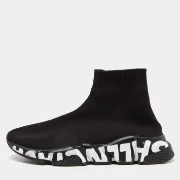 Pre Owned Balenciaga Black Knit Fabric Speed Trainer High Top Sneakers Size 38