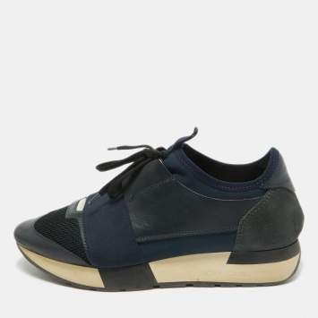 Pre Owned Balenciaga Navy Blue Leather and Mesh Race Runner Sneakers Size 38