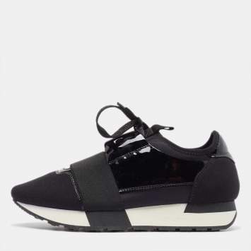 Pre Owned Balenciaga Black Patent and Fabric Race Runner Sneakers Size 37