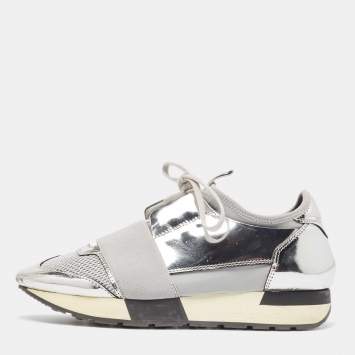 Pre Owned Balenciaga Silver Leather and Mesh Race Runner Sneakers Size 36