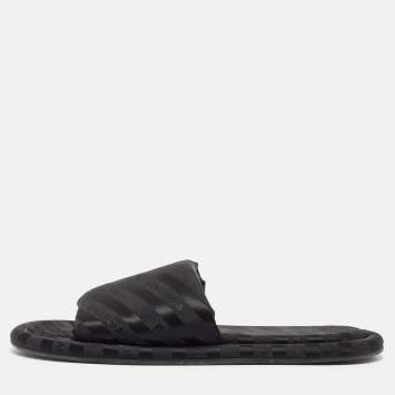 Pre Owned Balenciaga Black Logo Print Fabric Flat Slides Size 38