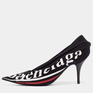 Pre Owned Balenciaga Black Fabric and Leather Logo Knife Pumps Size 37