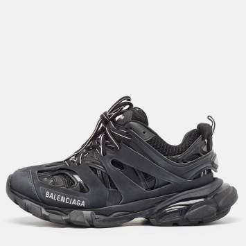 Pre Owned Balenciaga Black Faux Leather Mesh Track Sneakers Size 37