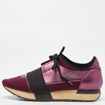 Pre Owned Balenciaga Burgundy Leather, Neoprene and Fabric Race Runner Sneakers Size 39