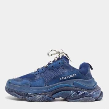 Pre Owned Balenciaga Navy Blue Leather and Mesh Triple S Clear Sole Sneakers Size 40