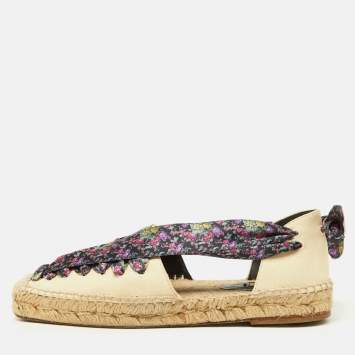 Pre Owned Balenciaga Multicolor Canvas and Floral Print Lace Up Espadrille Flat Sandals Size 36
