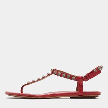 Pre Owned Balenciaga Dark Pink Leather Studded Thong Flat Sandals Size 40