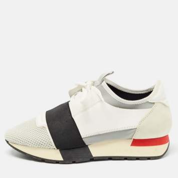 Pre Owned Balenciaga White/Grey Leather and Mesh Race Runner Sneakers Size 37