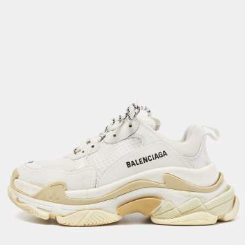 Pre Owned Balenciaga White Mesh and Faux Leather Triple S Lace Up Sneakers Size 37