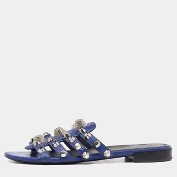 Pre Owned Balenciaga Navy Blue Leather Arena Studded Flat Sandals Size 38