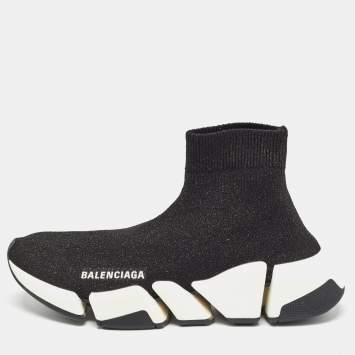 Pre Owned Balenciaga Black Glitter Knit Fabric Speed Trainer Sneakers Size 37