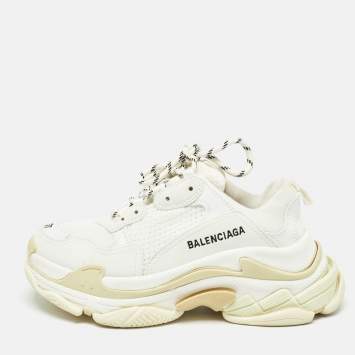 Pre Owned Balenciaga White Faux Leather and Mesh Triple S Sneakers Size 37