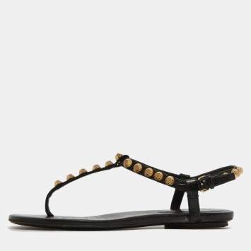 Pre Owned Balenciaga Black Leather  Arena Ankle Strap Flats Size 36.5