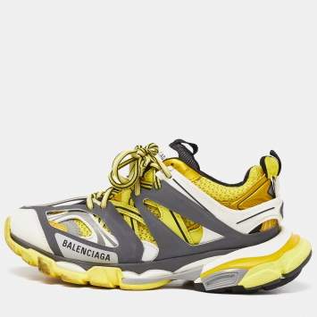 Pre Owned Balenciaga  Yellow/Grey Faux Leather and Mesh Track Low Top Sneakers Size 38