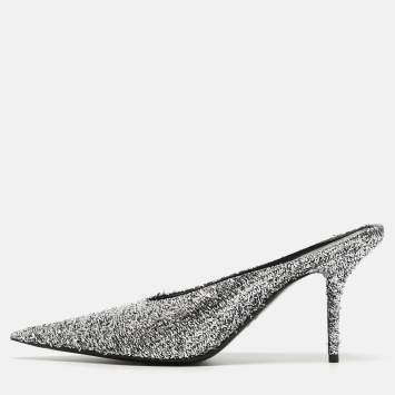 Pre Owned Balenciaga Silver Lurex Fabric Square Knife Mules Size 39