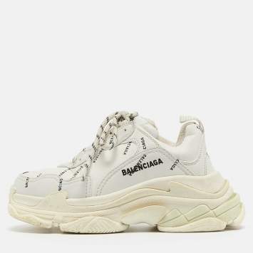 Pre Owned Balenciaga White Logo Print Leather Triple S Sneakers Size 36