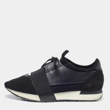 Pre Owned Balenciaga Black Mesh And Leather Race Runner Low Top Sneakers Size 41