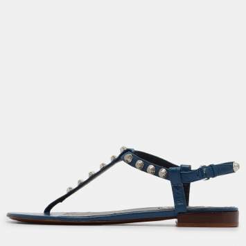 Pre Owned Balenciaga Navy Blue Leather Arena  Flats Size 38