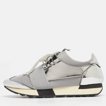 Pre Owned Balenciaga Silver Leather and Fabric  Race Runner Sneakers Size 40