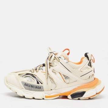 Pre Owned Balenciaga White Faux Leather and Mesh Track Sneakers Size 37