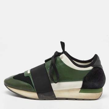 Pre Owned Balenciaga Green/Black Leather and Mesh Race Runner Sneakers Size 38