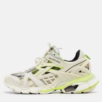 Pre Owned Balenciaga White/Neon Green Rubber and Mesh Track 2 Sneakers Size 36