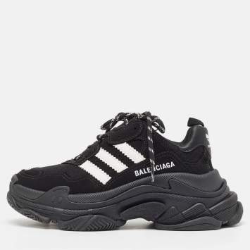 Pre Owned Balenciaga x Adidas Black/White Faux Leather and Mesh Triple S Sneakers Size 38