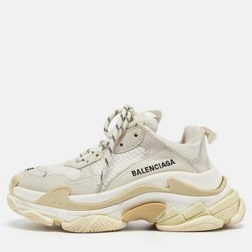 Pre Owned Balenciaga White/Grey Mesh and Leather Triple S Sneakers Size 35