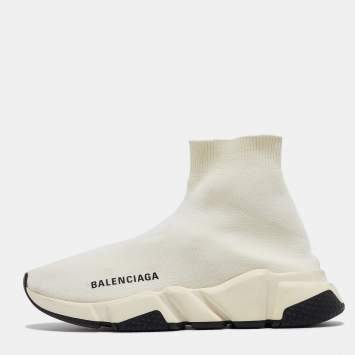 Pre Owned Balenciaga Off White Knit Fabric Speed Trainer Sneakers Size 35