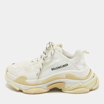 Pre Owned Balenciaga White Faux Leather and Mesh Triple S Sneakers Size 38