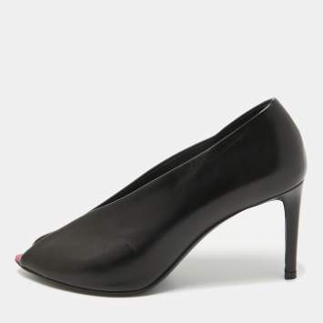 Pre Owned Balenciaga Black Leather V Neck Peep Toe Pumps Size 36.5