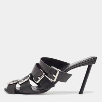 Pre Owned Balenciaga Black Leather Buckle Strappy Slide Sandals Size 39