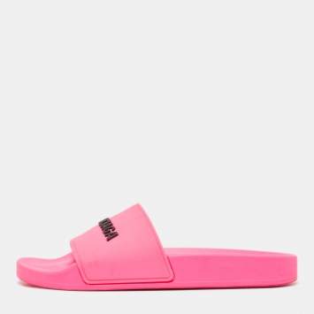 Pre Owned Balenciaga Pink Rubber Pool Flat Slides Size 37
