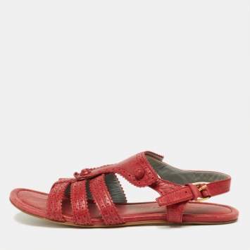 مملوكة مسبقًا Balenciaga Red Leather Arena T-Strap Flat Sandals Size 39