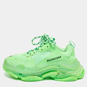 Pre Owned Balenciaga Neon Green Mesh and Leather Triple S Sneakers Size 38