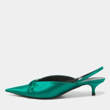 Pre Owned Balenciaga Green Satin Knife Bow Slingback Pumps Size 39