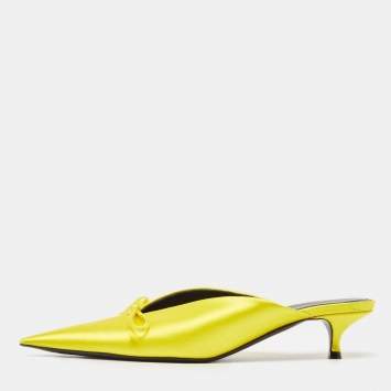 Pre Owned Balenciaga Yellow Satin Knife Bow Pointed Toe Mules Size 36.5