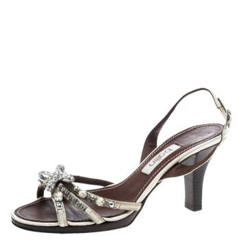 Pre Owned Ballin White Strappy Leather Crystal Embellished Slingback Sandals Size 37