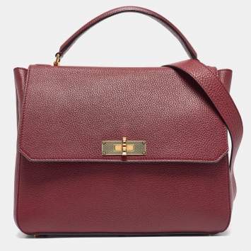 Pre Owned Bally Burgundy Leather B Turnlock Top Handle Bag