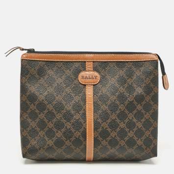 Pre Owned Bally Black/Brown Monogram Coated Canvas and Leather Zip Pouch