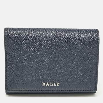 Pre Owned Bally Navy Blue Leather Logo Trifold Wallet