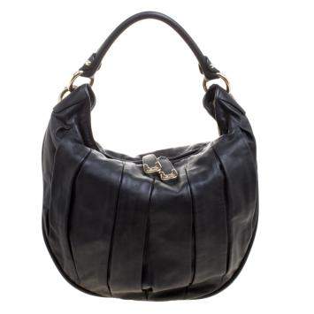 Pre Owned Bally Black Pleated Leather Multi Zip Hobo