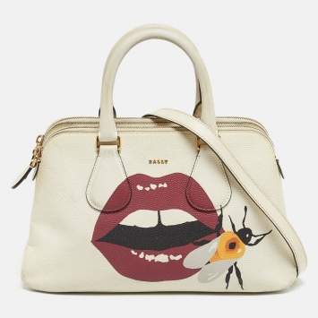 Pre Owned Bally White Leather Berekely Lip Print Bag