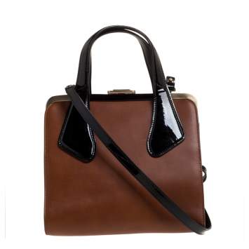 Pre Owned Bally Brown/Black Leather and Patent Leather Frame Top Handle Bag