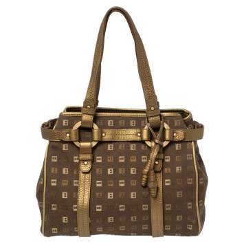 Pre Owned Bally Brown/Gold Canvas and Leather Satchel