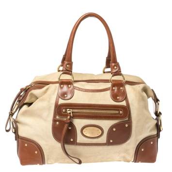 Pre Owned Bally Beige/Brown Canvas and Leather Zip Pocket Satchel